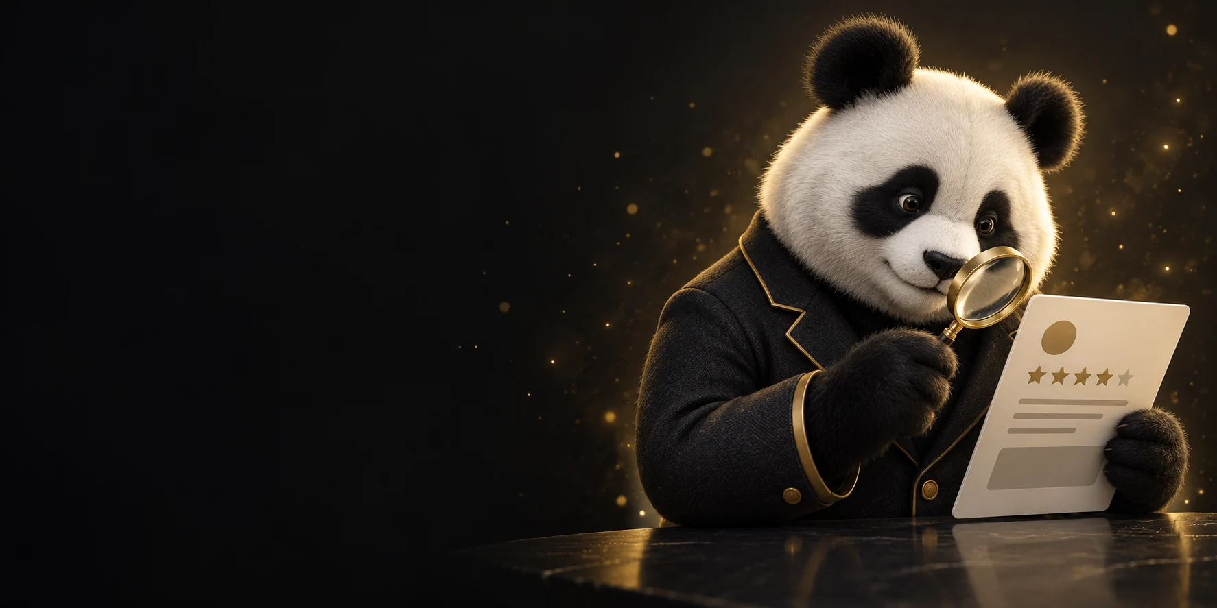Ilustração editorial original de um panda a analisar uma avaliação